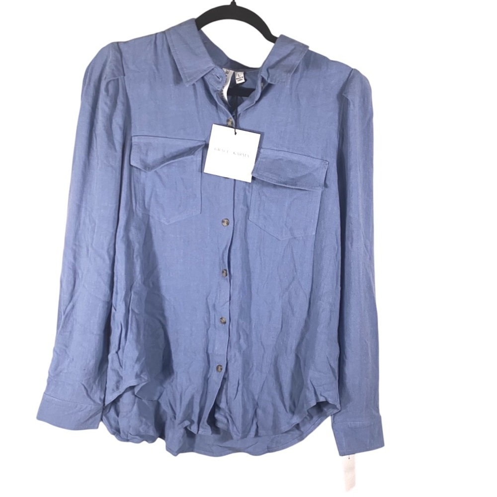 Grace & Karma Button Down Blouse  Puff Sleeve Sz Large Blue